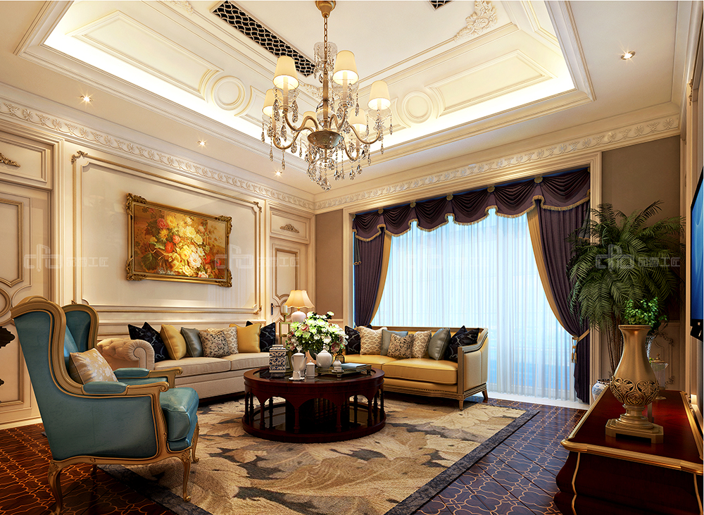整木定制法式風(fēng)格，金色別墅裝修案例效果圖(圖3)